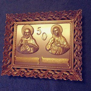Immaculate Heart of Mary Golden Metal Wall Plaque Vintage Long Love Life